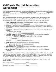 Legal  Marital Separation Agreement Form for California