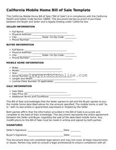 Legal  Mobile Home Bill of Sale Form for California
