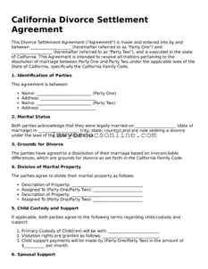 Legal  Divorce Settlement Agreement Form for California