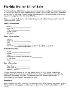 Legal  Trailer Bill of Sale Form for Florida