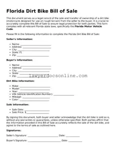 Legal  Dirt Bike Bill of Sale Form for Florida