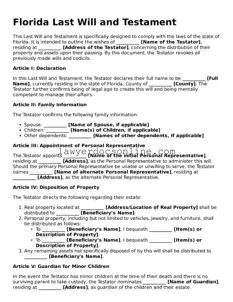 Legal  Last Will and Testament Form for Florida