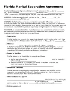 Legal  Marital Separation Agreement Form for Florida