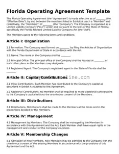Legal  Operating Agreement Form for Florida