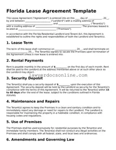 Legal  Lease Agreement Form for Florida