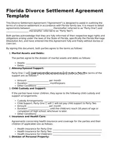 Legal  Divorce Settlement Agreement Form for Florida