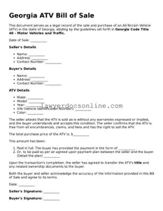 Legal  ATV Bill of Sale Form for Georgia