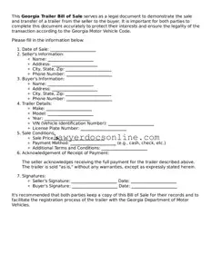 Legal  Trailer Bill of Sale Form for Georgia