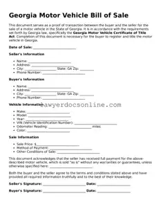 Legal  Motor Vehicle Bill of Sale Form for Georgia