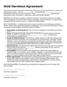 Free Hold Harmless Agreement Document