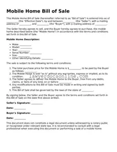 Free Mobile Home Bill of Sale Document