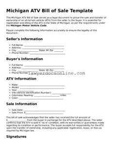 Legal  ATV Bill of Sale Form for Michigan