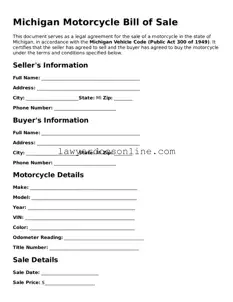 Legal  Motorcycle Bill of Sale Form for Michigan