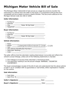 Legal  Motor Vehicle Bill of Sale Form for Michigan
