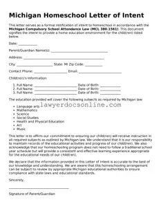 Legal  Homeschool Letter of Intent Form for Michigan