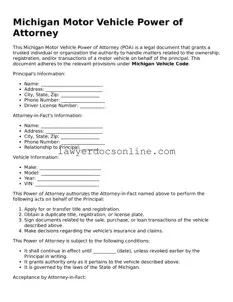 Legal  Motor Vehicle Power of Attorney Form for Michigan