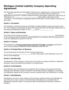 Legal  Operating Agreement Form for Michigan