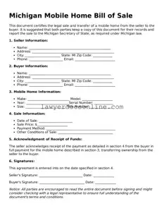 Legal  Mobile Home Bill of Sale Form for Michigan