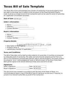 Legal  Bill of Sale Form for Texas