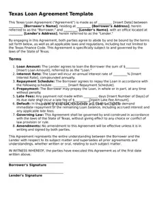 Legal  Loan Agreement Form for Texas