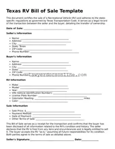 Legal  RV Bill of Sale Form for Texas