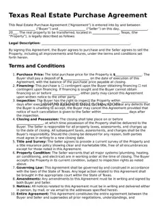 Legal  Real Estate Purchase Agreement Form for Texas