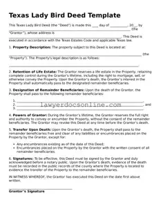 Legal  Lady Bird Deed Form for Texas