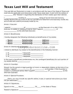 Legal  Last Will and Testament Form for Texas