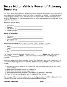 Legal  Motor Vehicle Power of Attorney Form for Texas