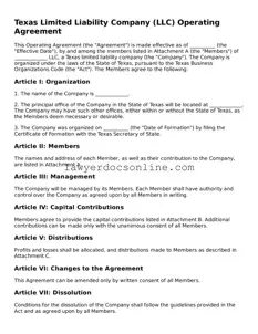 Legal  Operating Agreement Form for Texas