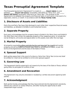 Legal  Prenuptial Agreement Form for Texas