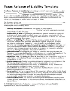 Legal  Release of Liability Form for Texas