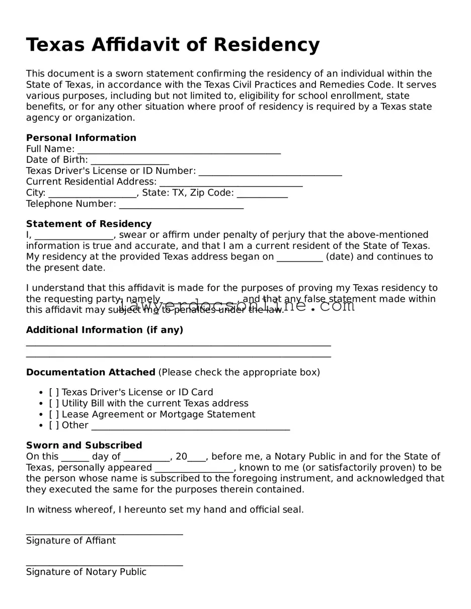 Legal  Affidavit of Residency Form for Texas