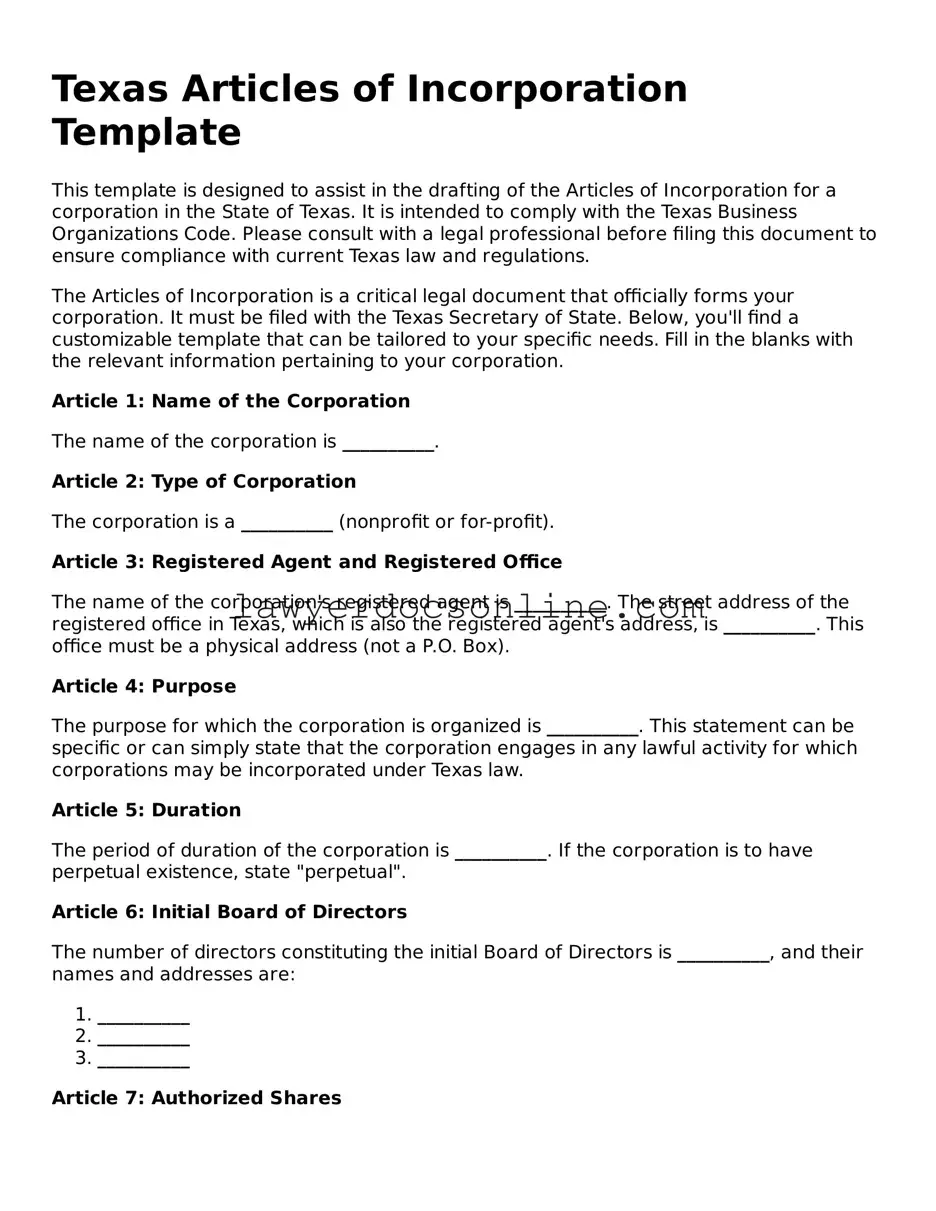 Legal  Articles of Incorporation Form for Texas
