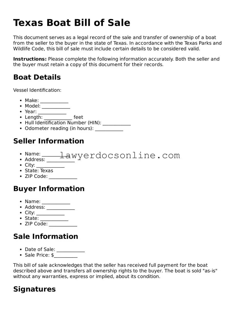 Legal  Boat Bill of Sale Form for Texas