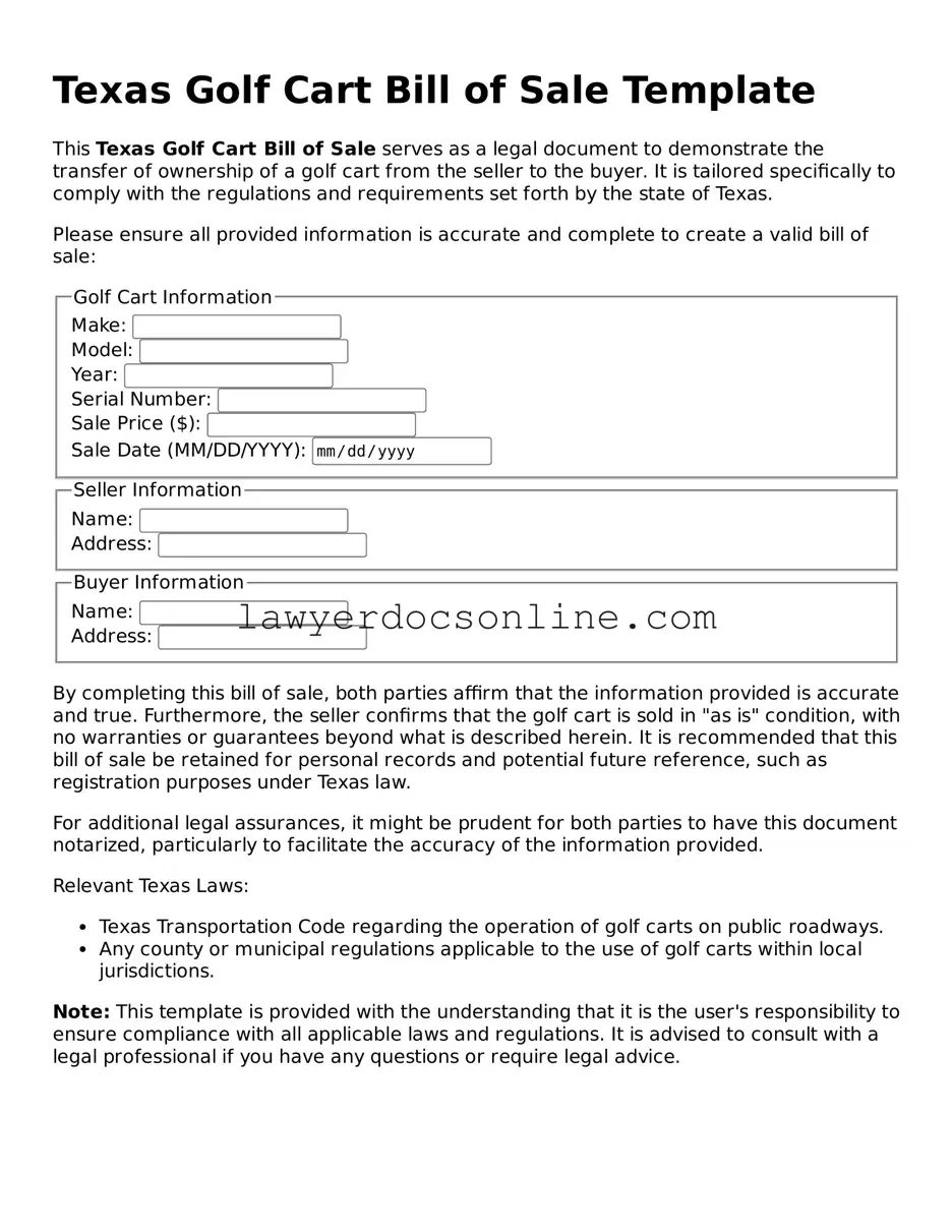 Legal  Golf Cart Bill of Sale Form for Texas
