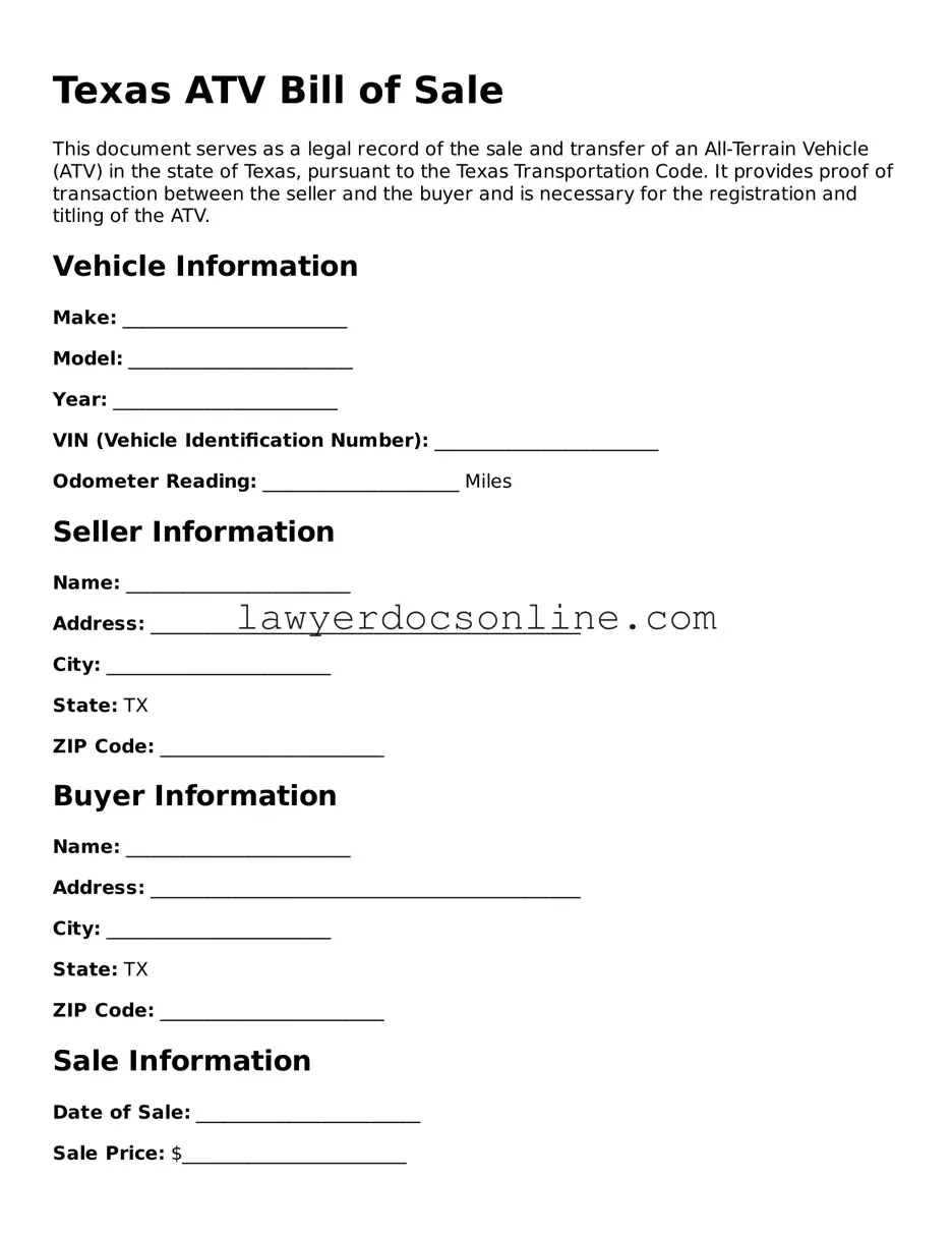 Legal  ATV Bill of Sale Form for Texas