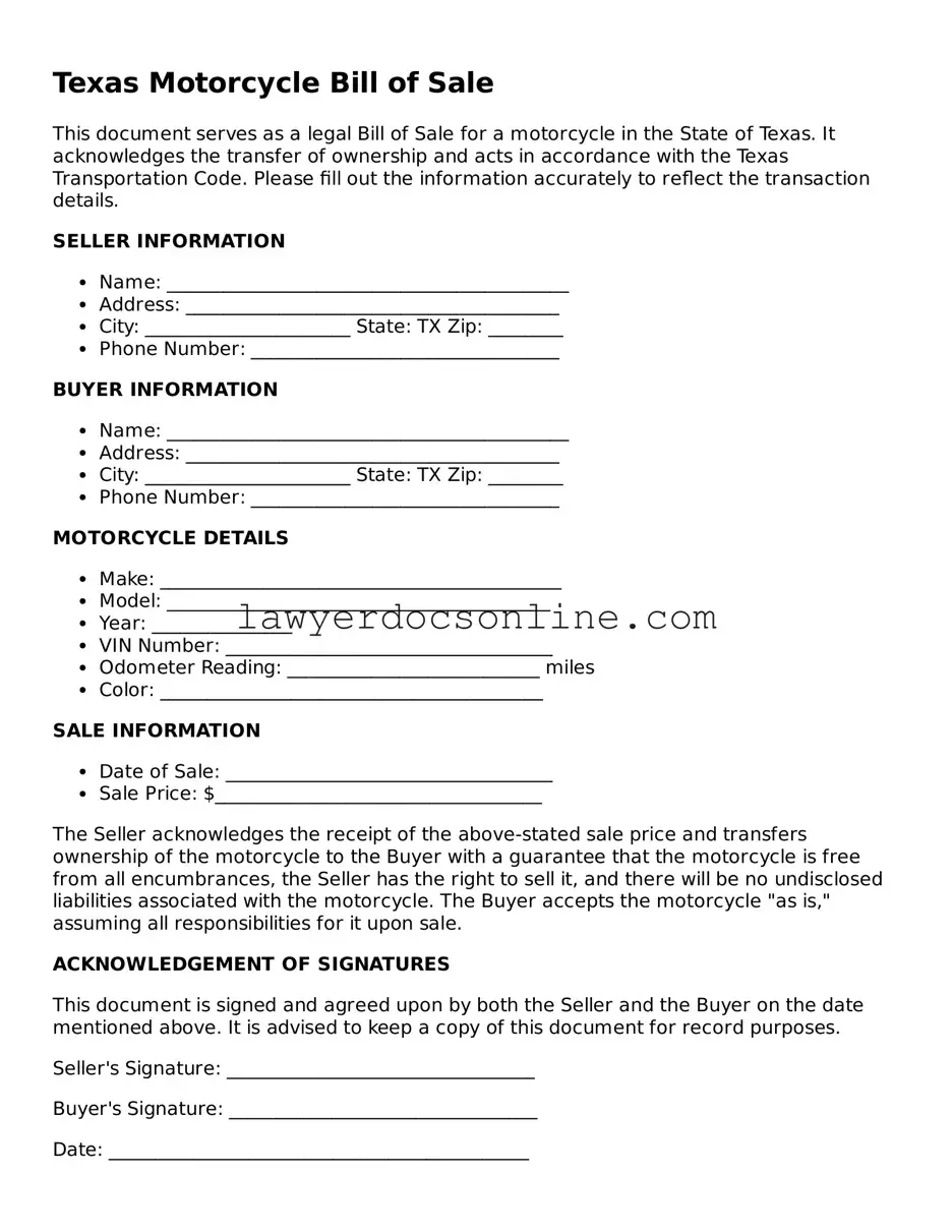 Legal  Motorcycle Bill of Sale Form for Texas