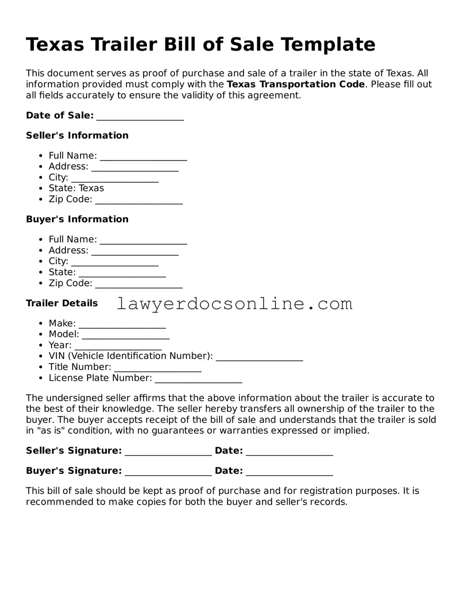 Legal  Trailer Bill of Sale Form for Texas
