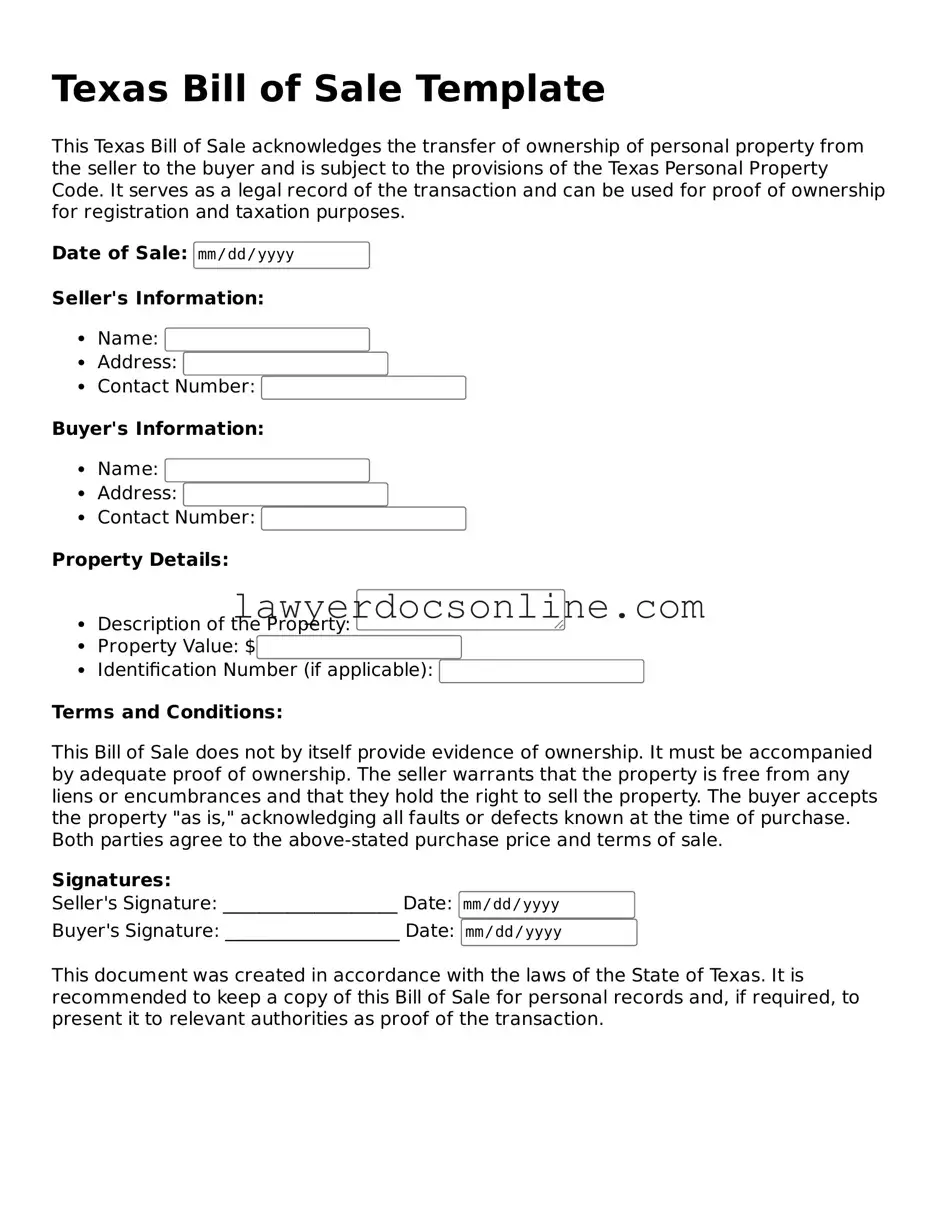 Legal  Bill of Sale Form for Texas