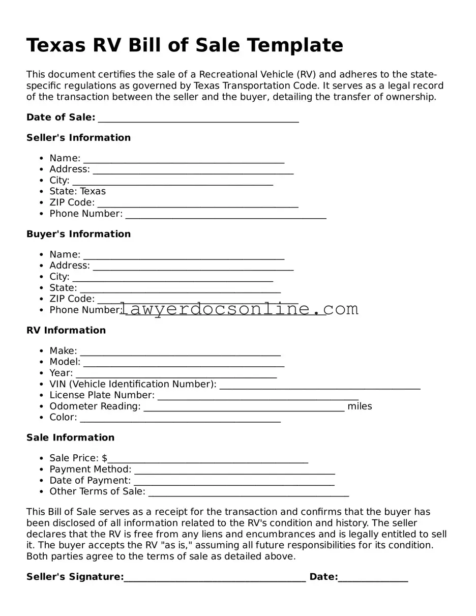 Legal  RV Bill of Sale Form for Texas