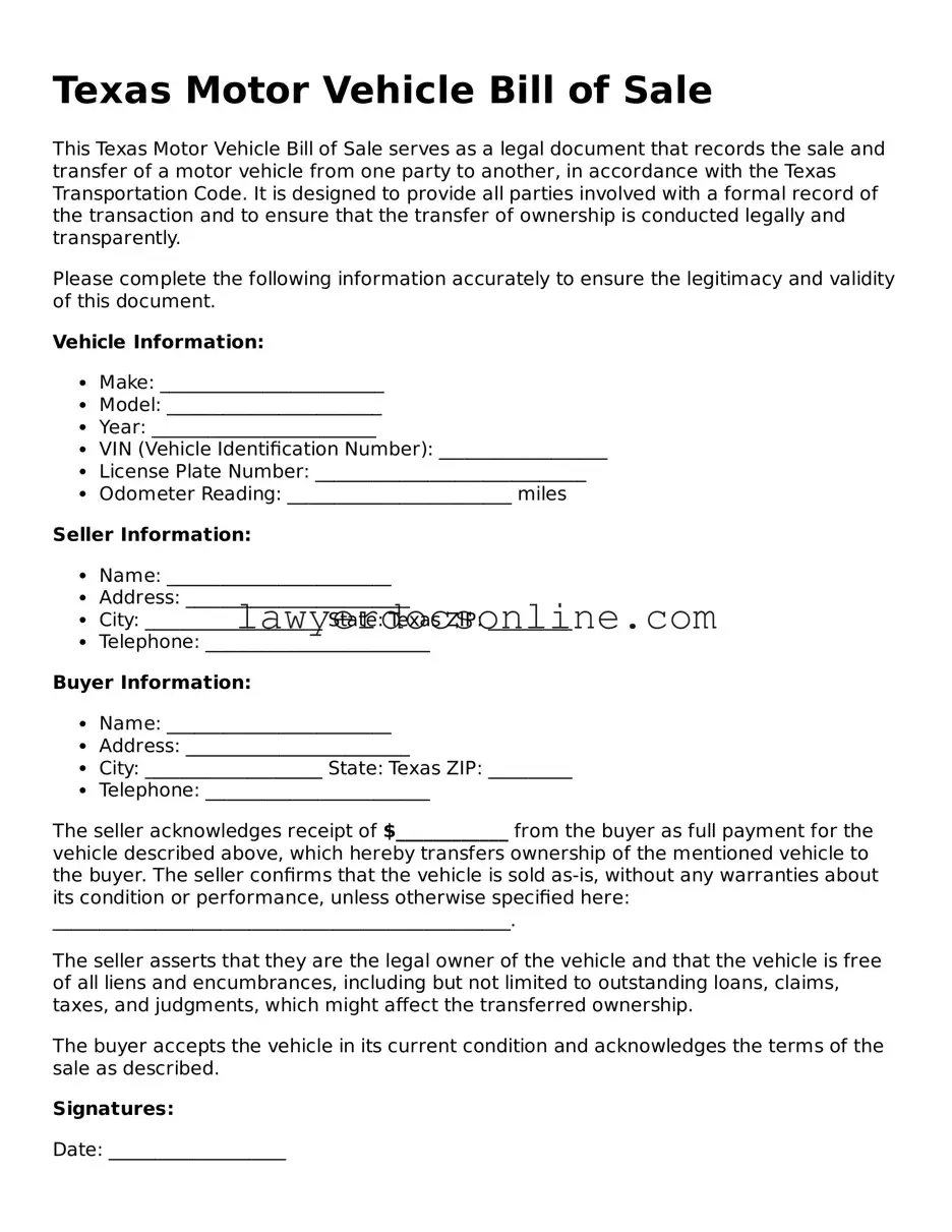 Legal  Motor Vehicle Bill of Sale Form for Texas