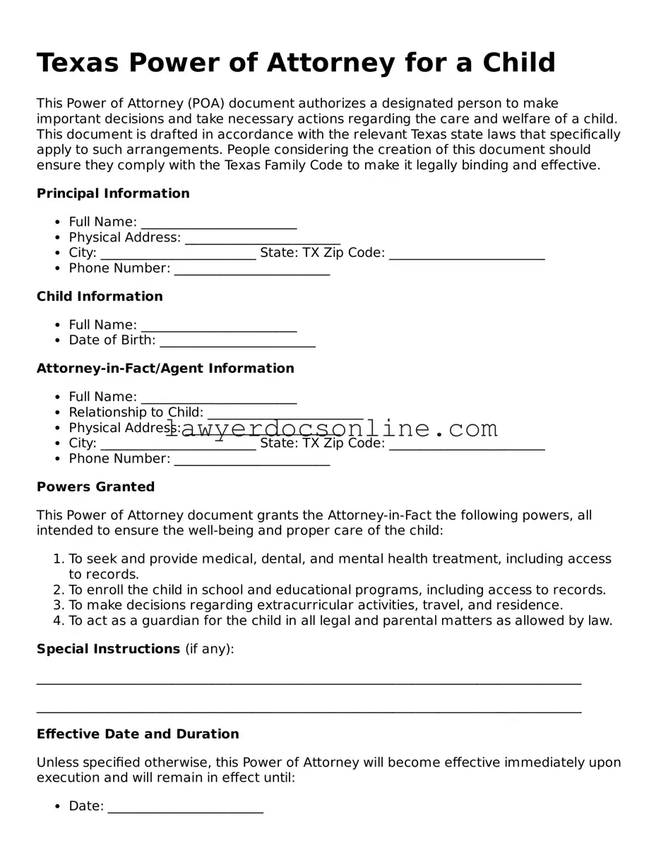 Legal  Power of Attorney for a Child Form for Texas
