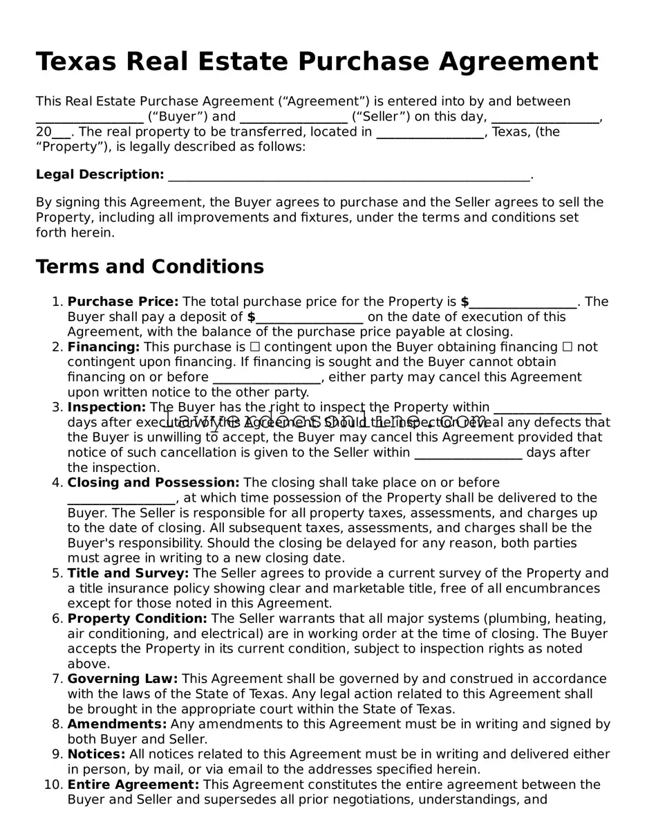 Legal  Real Estate Purchase Agreement Form for Texas