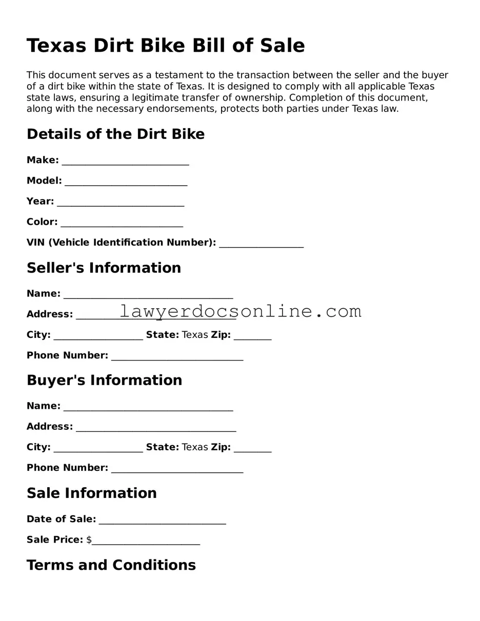 Legal  Dirt Bike Bill of Sale Form for Texas