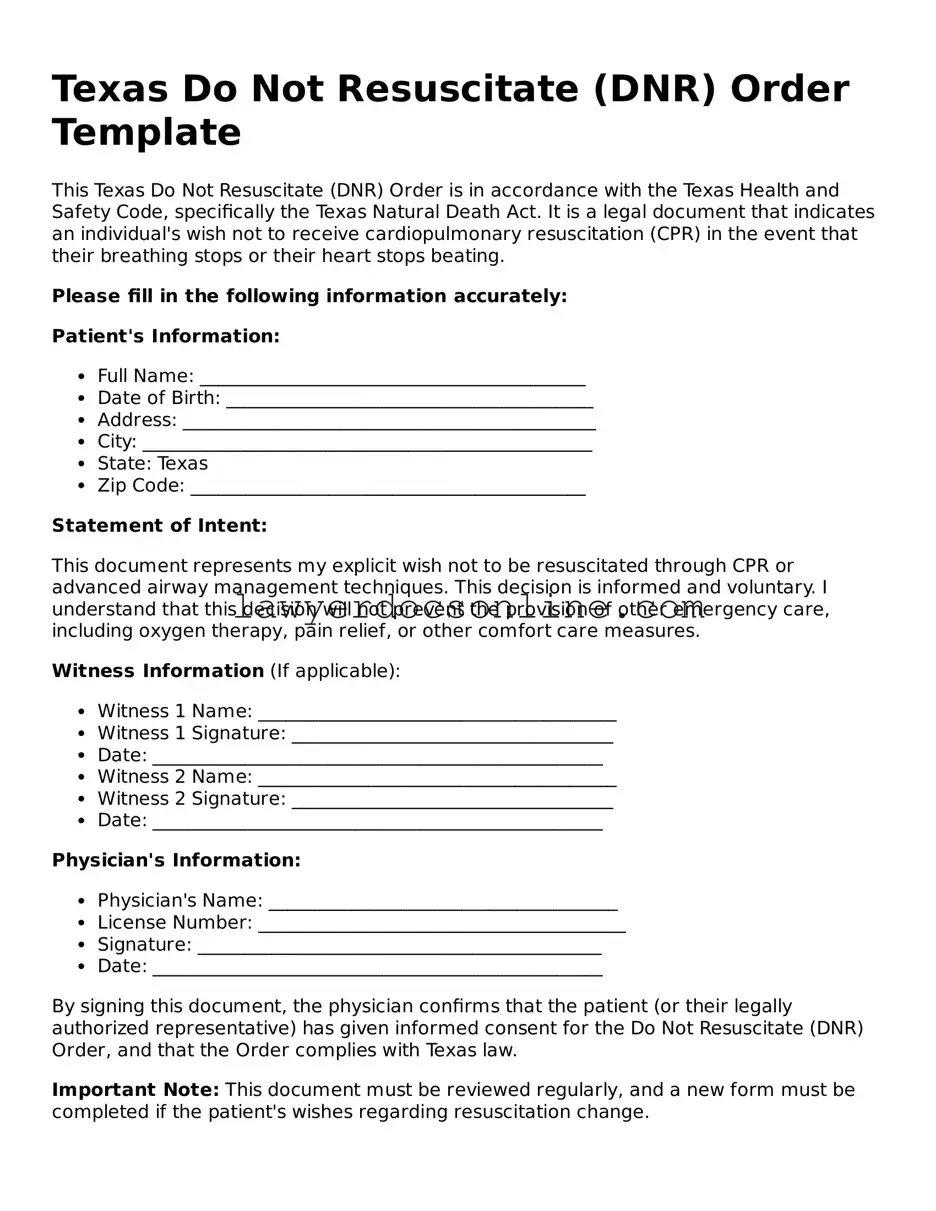 Legal  Do Not Resuscitate Order Form for Texas