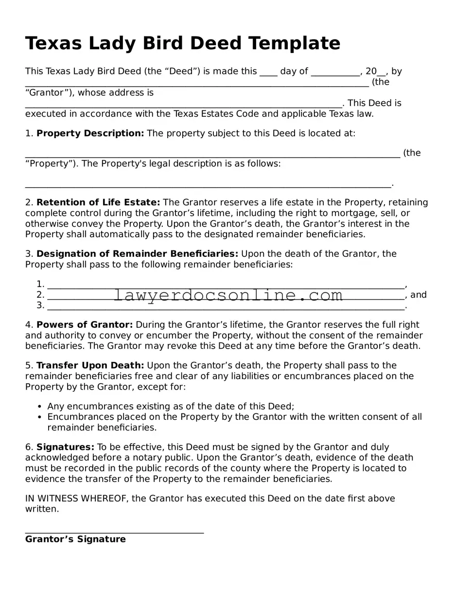 Legal  Lady Bird Deed Form for Texas