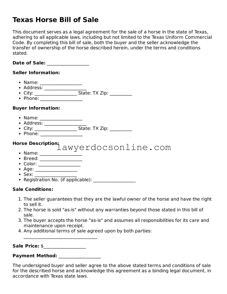 Legal  Horse Bill of Sale Form for Texas