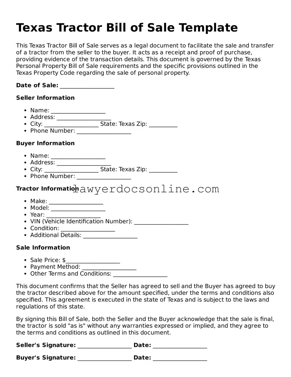 Legal  Tractor Bill of Sale Form for Texas
