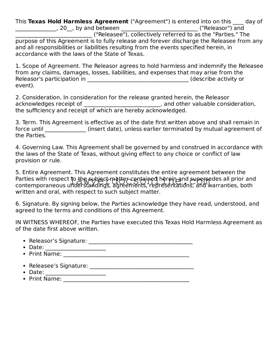 Legal  Hold Harmless Agreement Form for Texas
